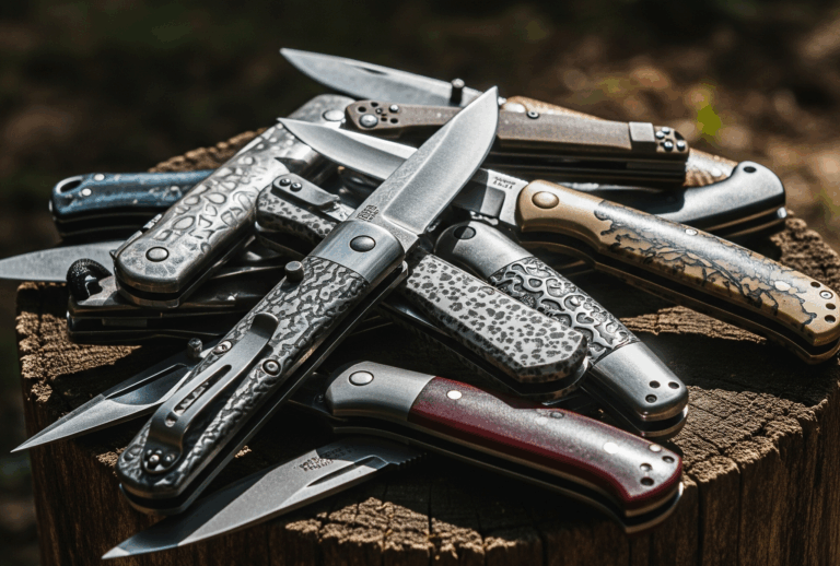 pocket knives on a stump